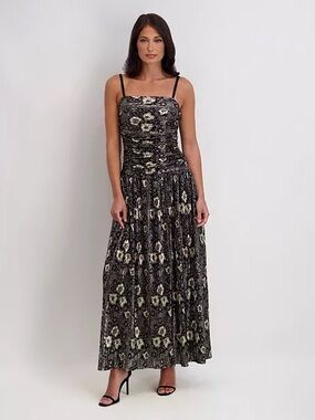 Kensie Black Spaghetti Strap Floral Maxi Dress with Cream Accents